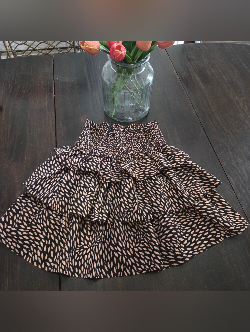Who What Wear Black and Blush Smocked Tiered Skirt